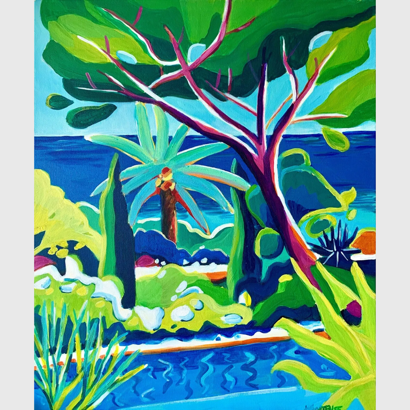 Tableau acrylique sur toile représentant un paysage méditerranéen coloré avec pins, mer bleue, végétation luxuriante et lumière du Sud.
