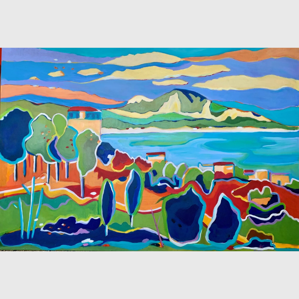 Tableau acrylique sur lin représentant un paysage méditerranéen coloré avec mer turquoise, collines, ciel lumineux et végétation stylisée.