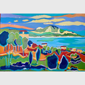 Tableau acrylique sur lin représentant un paysage méditerranéen coloré avec mer turquoise, collines, ciel lumineux et végétation stylisée.