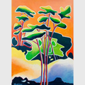 Tableau acrylique sur carton représentant des pins stylisés aux feuillages verts sur fond orangé, avec cadre en bois et composition colorée contemporaine.