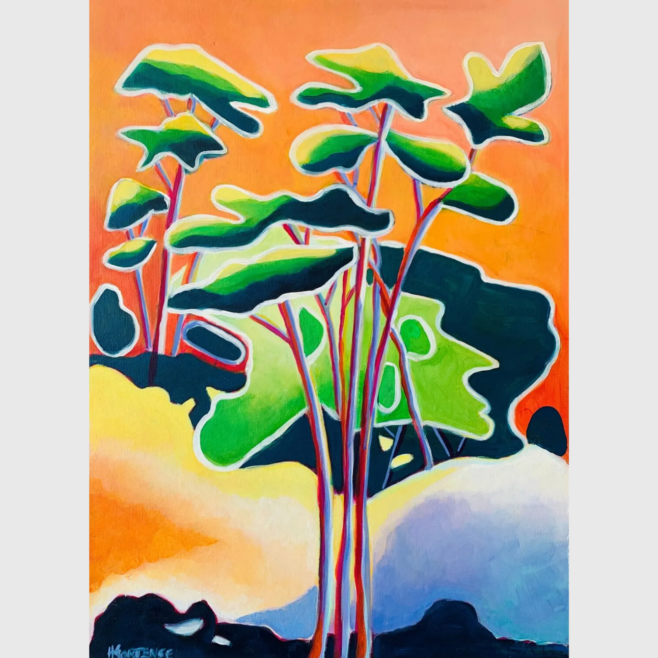 Tableau acrylique sur carton représentant des pins stylisés aux feuillages verts sur fond orangé, avec cadre en bois et composition colorée contemporaine.