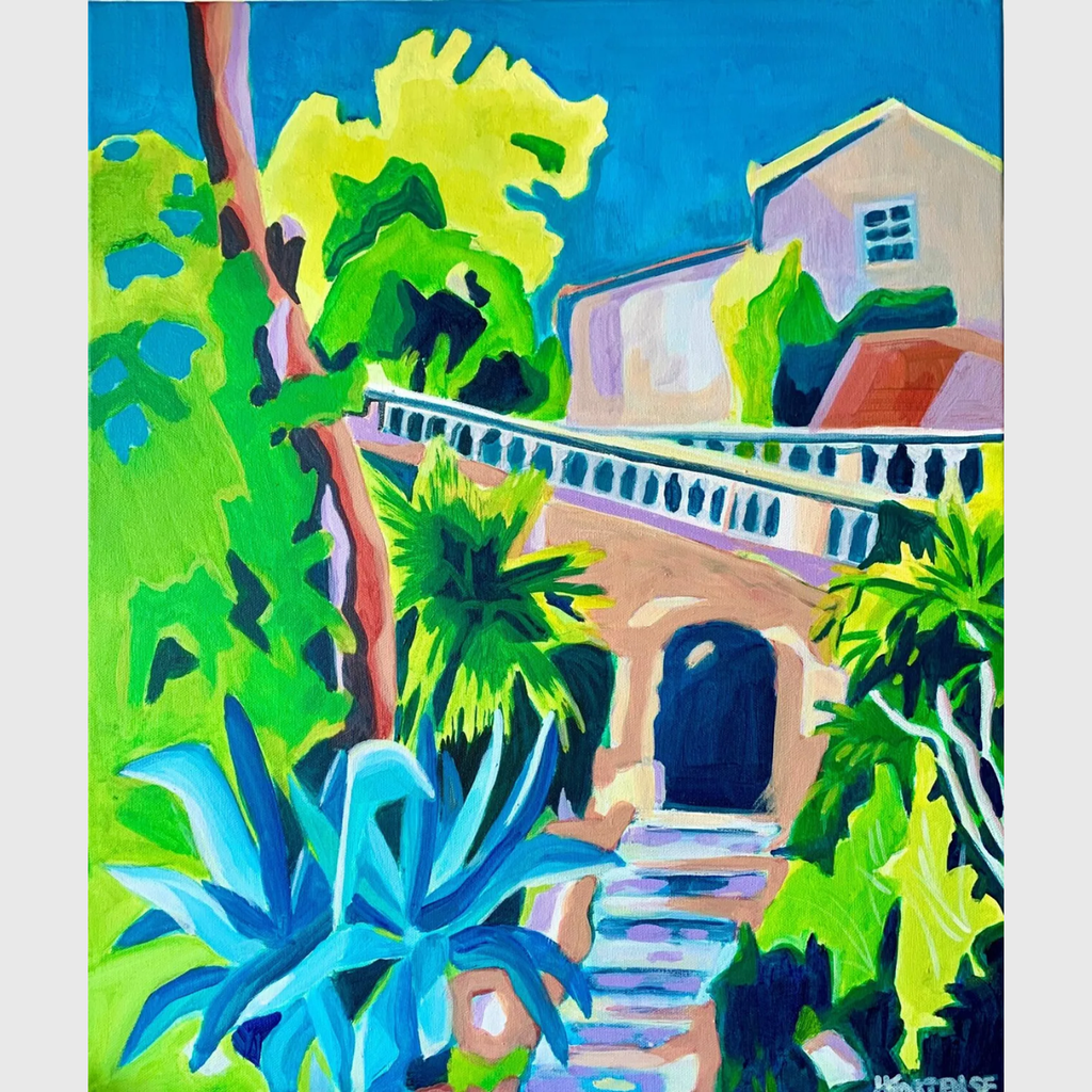 Tableau acrylique sur toile représentant un jardin méditerranéen coloré avec maison, escalier, arche, plantes luxuriantes et ciel bleu lumineux.
