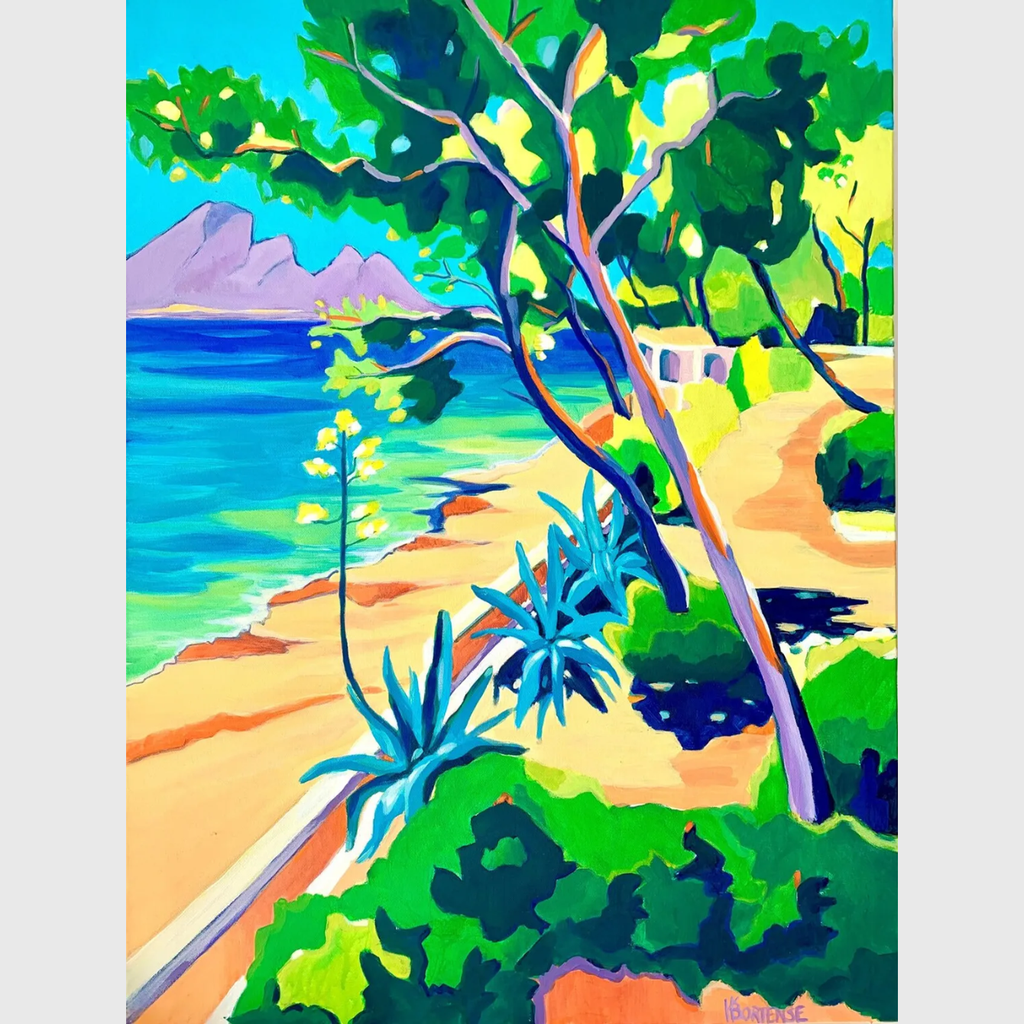 Tableau acrylique sur lin représentant un paysage méditerranéen avec pins, agaves, plage, mer turquoise, végétation luxuriante et lumière du Sud.