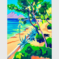 Tableau acrylique sur lin représentant un paysage méditerranéen avec pins, agaves, plage, mer turquoise, végétation luxuriante et lumière du Sud.