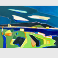 Tableau Orage sur la mer en acrylique et pastel gras représentant un paysage marin sous un ciel sombre, avec mer bleue, nuages blancs et formes colorées au premier plan.