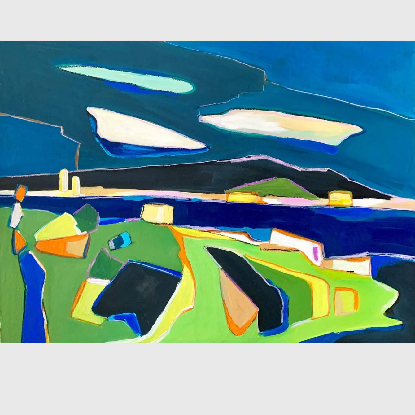 Tableau Orage sur la mer en acrylique et pastel gras représentant un paysage marin sous un ciel sombre, avec mer bleue, nuages blancs et formes colorées au premier plan.