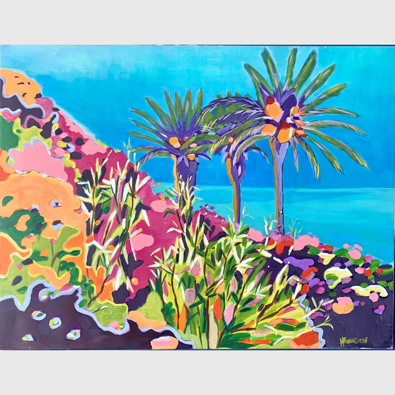 Tableau Bougainvilliers et palmiers en acrylique sur lin représentant un paysage de bord de mer avec palmiers, bougainvilliers roses, végétation tropicale et mer turquoise.