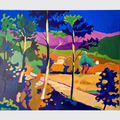 Tableau acrylique sur lin représentant un paysage d’automne coloré avec arbres stylisés, ciel bleu profond, collines roses et lumière chaude.