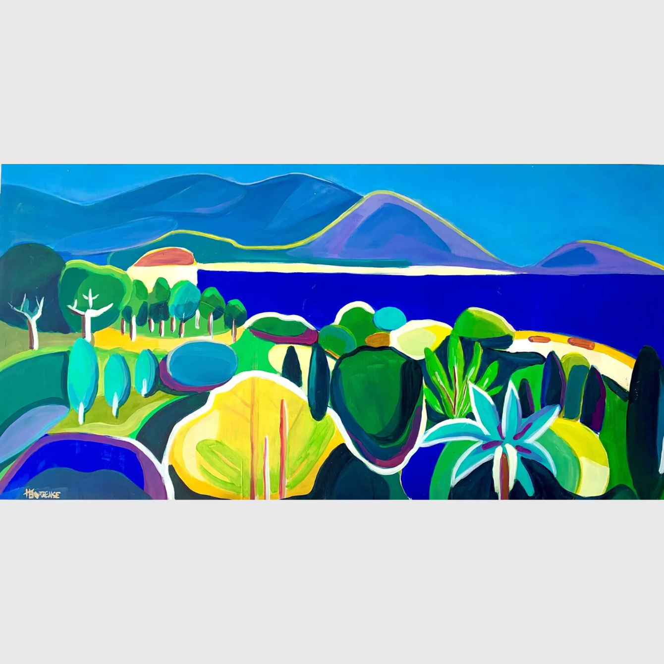 Tableau Entre montagne et mer en acrylique sur bois représentant un paysage méditerranéen avec mer bleue, montagnes, végétation stylisée, agaves et couleurs lumineuses.
