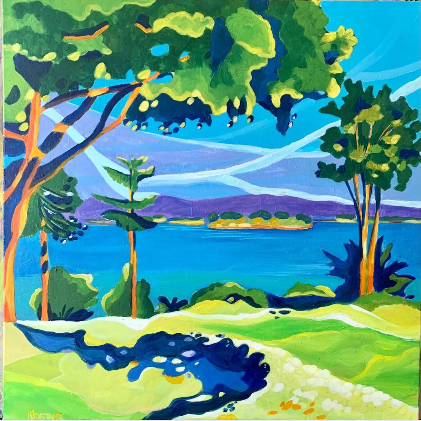 Tableau Vue sur île du golfe en acrylique sur lin représentant un paysage marin avec île au loin, mer turquoise, arbres, végétation méditerranéenne et ciel lumineux.