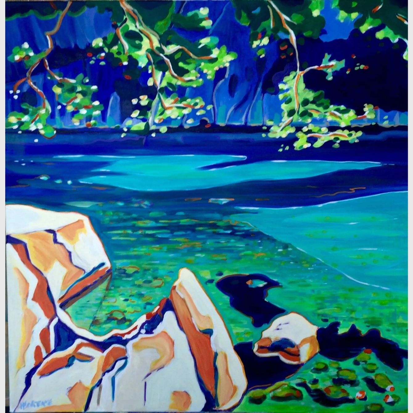 Colorful painting of a natural landscape with trees, water, and rocks.
