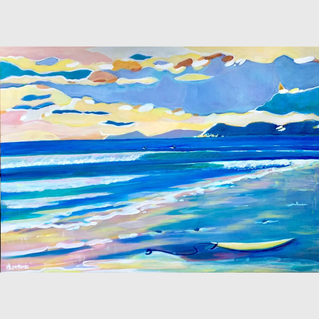 Tableau Les Surfeurs en acrylique et pastel gras représentant un paysage marin avec vagues, océan bleu, planches de surf, ciel lumineux et ambiance de coucher de soleil.
