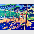 Tableau Platja Sa Conca – Cadaqués en acrylique et pastel gras représentant une plage méditerranéenne avec pins, ombres bleues, sable lumineux et couleurs fauvistes.

