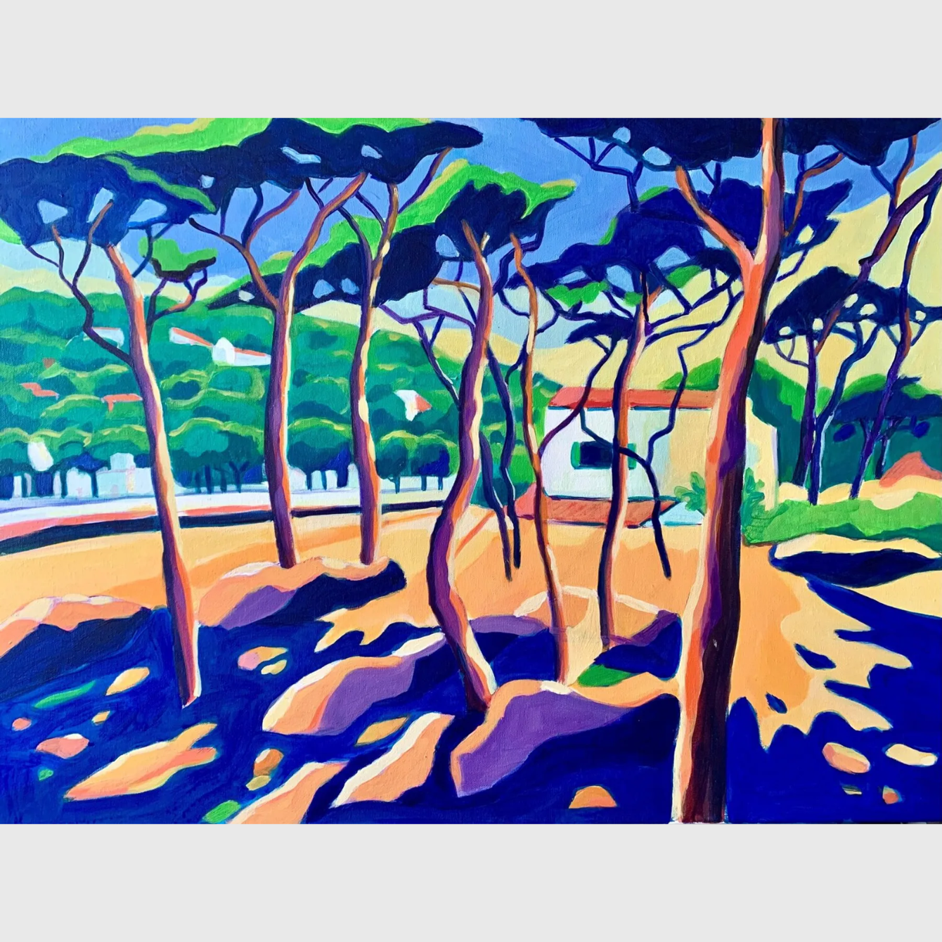 Tableau Platja Sa Conca – Cadaqués en acrylique et pastel gras représentant une plage méditerranéenne avec pins, ombres bleues, sable lumineux et couleurs fauvistes.
