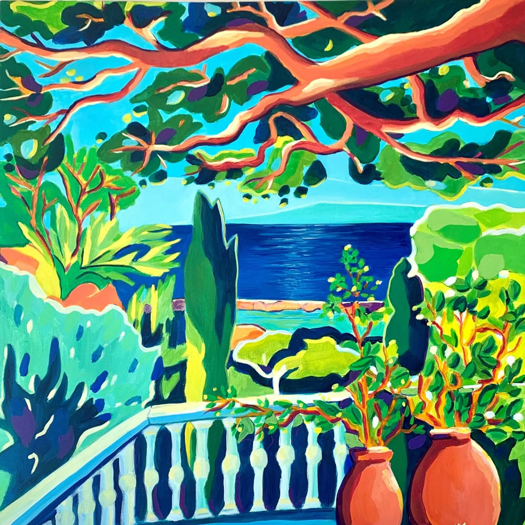Tableau Jardin d’Eden en acrylique et pastel gras représentant un jardin méditerranéen luxuriant avec terrasse, balustrade blanche, pots en terre cuite, mer bleue et végétation colorée.