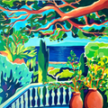 Tableau Jardin d’Eden en acrylique et pastel gras représentant un jardin méditerranéen luxuriant avec terrasse, balustrade blanche, pots en terre cuite, mer bleue et végétation colorée.