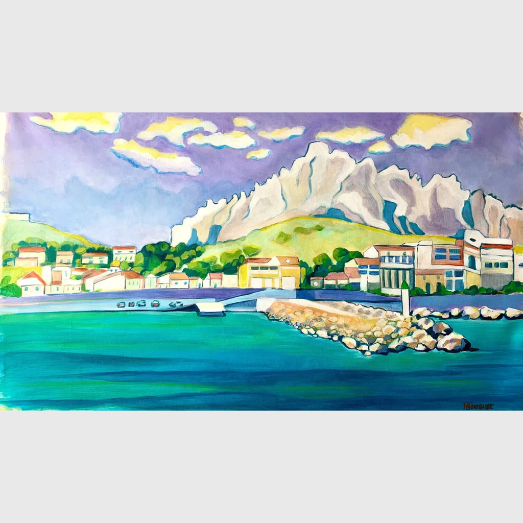 Tableau Les Goudes en acrylique et pastel gras représentant le village côtier des Goudes à Marseille, avec mer turquoise, maisons, port, calanques et ciel lumineux.
