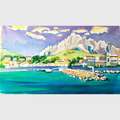 Tableau Les Goudes en acrylique et pastel gras représentant le village côtier des Goudes à Marseille, avec mer turquoise, maisons, port, calanques et ciel lumineux.
