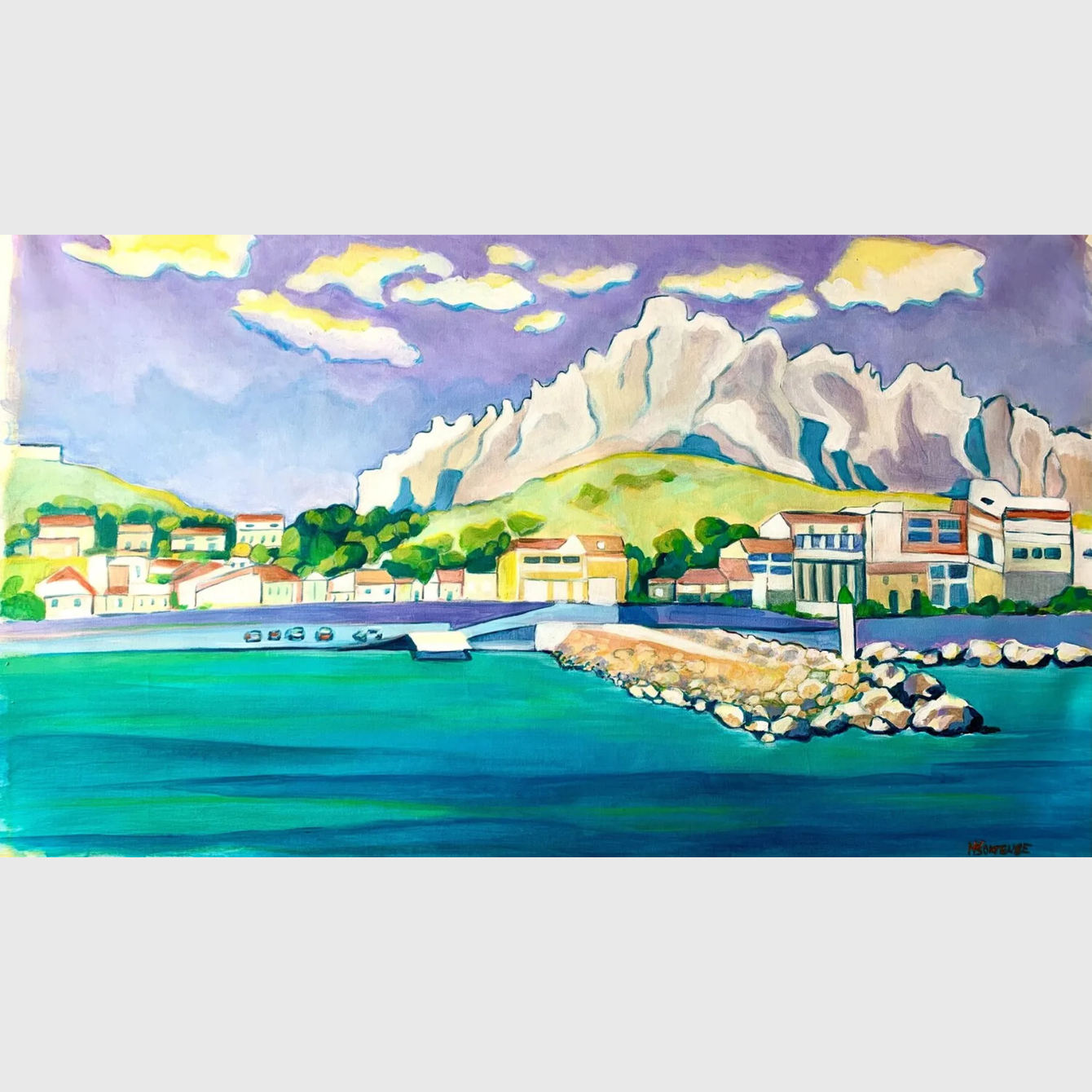 Tableau Les Goudes en acrylique et pastel gras représentant le village côtier des Goudes à Marseille, avec mer turquoise, maisons, port, calanques et ciel lumineux.
