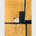Tableau abstrait Or en acrylique sur lin avec fond doré texturé, formes noires verticales et horizontales, collage et touches de feuille d’or.