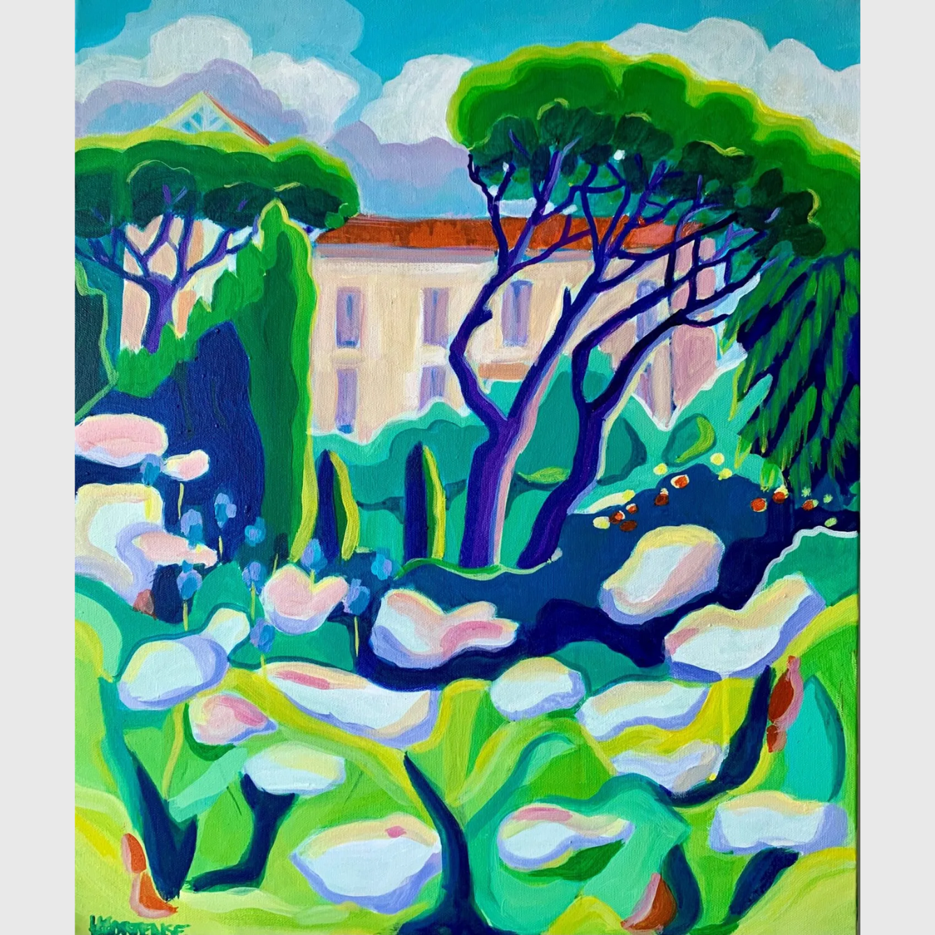 Bastide provencal/art/deco/small format/house/pins/green/vert/painting/peinture/