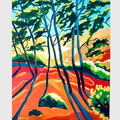 Tableau Golden Hour en acrylique sur lin représentant un paysage coloré au coucher du soleil avec arbres élancés, ombres bleues, ciel lumineux et sol orangé.