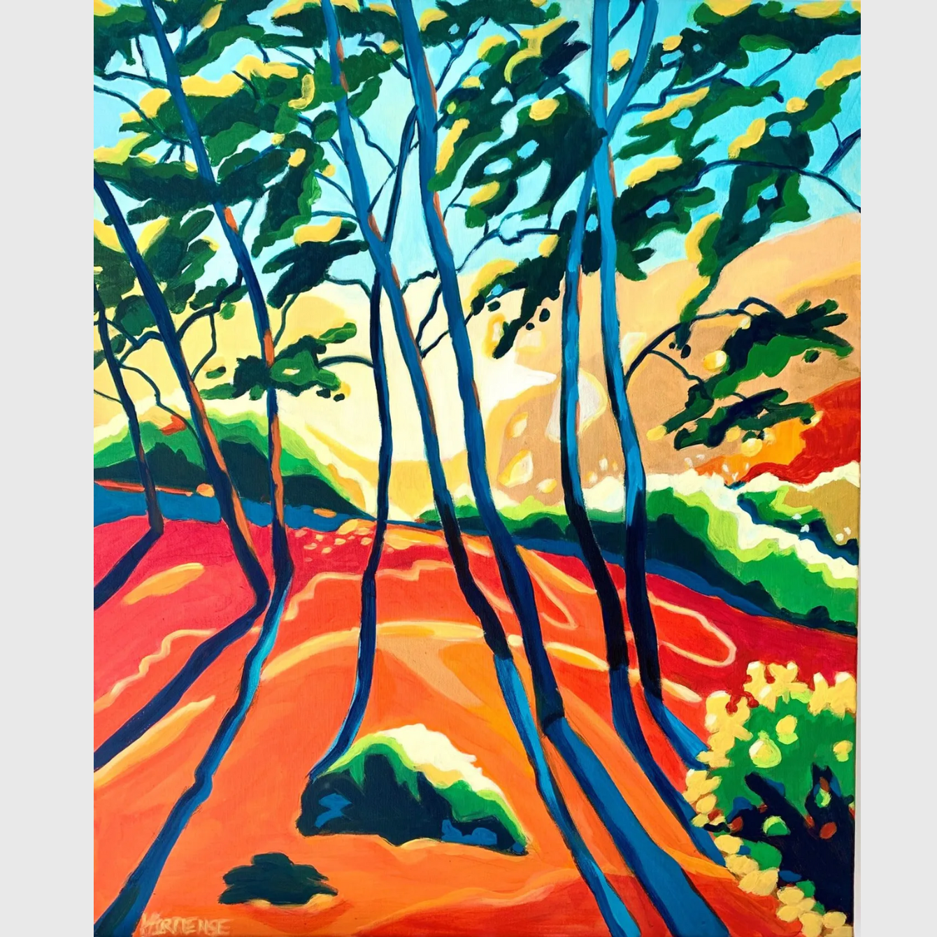 Tableau Golden Hour en acrylique sur lin représentant un paysage coloré au coucher du soleil avec arbres élancés, ombres bleues, ciel lumineux et sol orangé.