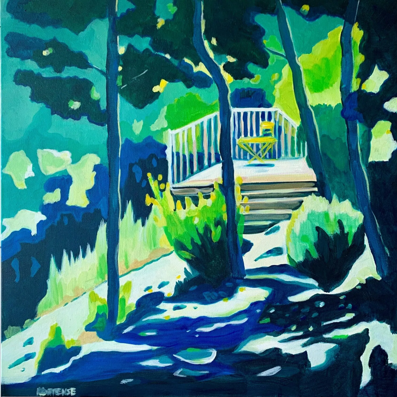 Tableau acrylique sur toile représentant une terrasse ombragée en Provence avec fauteuil jaune, végétation méditerranéenne, lumière et ombres bleutées.
